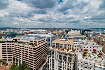 Elevated cityscape view of downtown Washington DC with office and government buildings