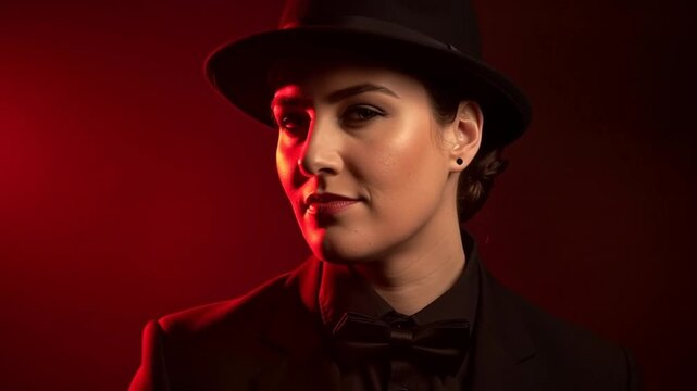 Confident individual in a stylish hat and bowtie, illuminated by dramatic red lighting, exuding charisma