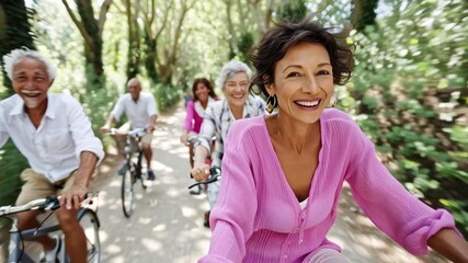 A group of seniors enjoys a biking activity along a tree-lined path. They share smiles and laughter while engaging in their favorite pastime, surrounded by greenery and sunlight.