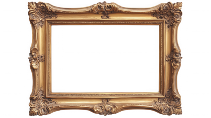 Ornate golden picture frame with baroque style detailing on transparent background