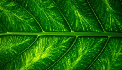 Close-up view of a vibrant green leaf showcasing intricate vein patterns and textures