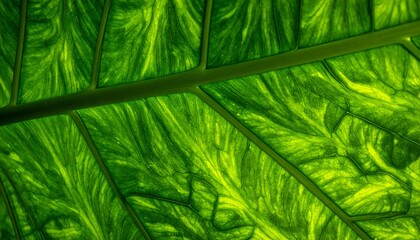 A close-up view of a vibrant green leaf showcasing intricate vein patterns and textures