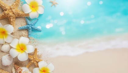 Surreal beach scene with starfish and plumeria flowers tropical coastline nature photography bright blue waters close-up view creating a dreamlike atmosphere