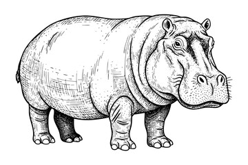 Vintage engraved hippopotamus illustration in black and white  hand drawn art style