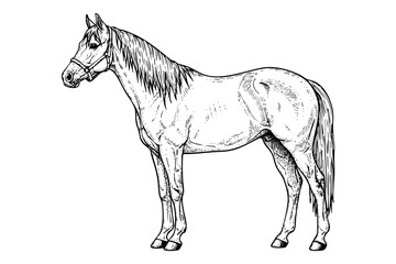 Vintage engraved horse illustration in black and white hand drawn art style