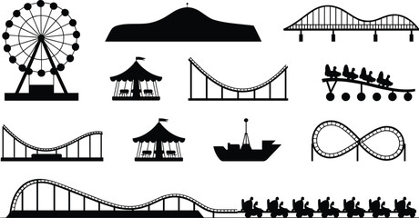 Amusement park silhouette icons set, ferris wheel, roller coaster, carousel tent, circus, bridge, ship, black vector collection © Miss