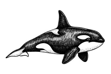 Vintage engraved killer whale orca illustration in black and white ihand drawn art style
