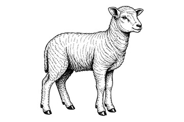 Vintage engraved lamb illustration in black and white  hand drawn art style