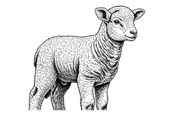 Vintage engraved lamb illustration in black and white  hand drawn art style