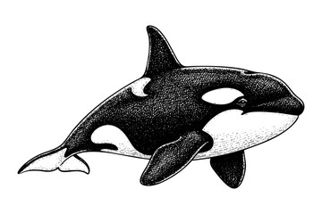 Vintage engraved killer whale orca illustration in black and white ihand drawn art style
