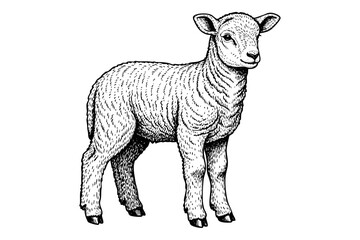 Vintage engraved lamb illustration in black and white  hand drawn art style