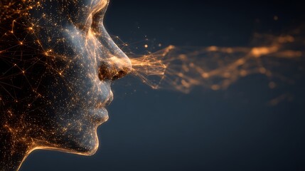 A side profile of a dark face with glowing interconnected lines emanating from the nose