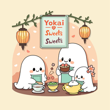 Cute yokai characters enjoying traditional Japanese sweets illustration