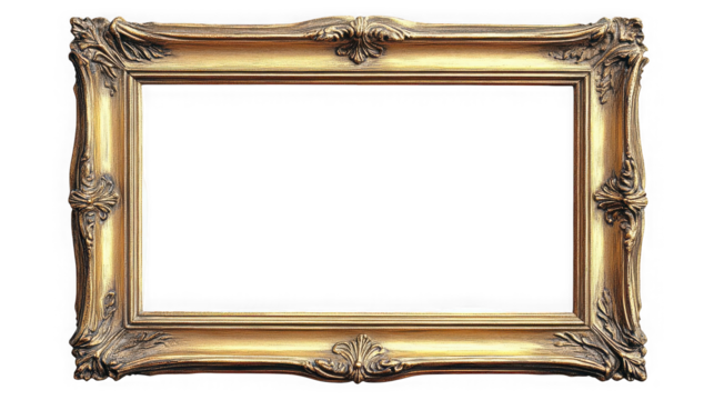 Ornate golden picture frame with vintage design and empty space for artwork display on transparent background - Powered by Adobe