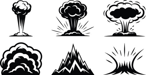 Cartoon explosion smoke icons set, mushroom cloud blast silhouettes, bomb impact burst effects, black white vector illustration collection © Miss