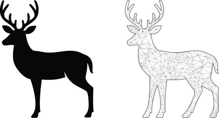 Fototapeta premium Deer Silhouette and Low Poly Wireframe Vector Illustration Set
