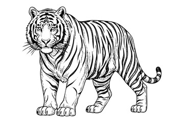 Obraz premium Vintage tiger engraving wild big cat detailed black and white line art illustration