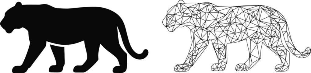 Set of 2 Panther Icons Vector: Black Silhouette and Geometric Wireframe © vector touch