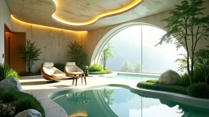 Future living room layout surrounded by green plants