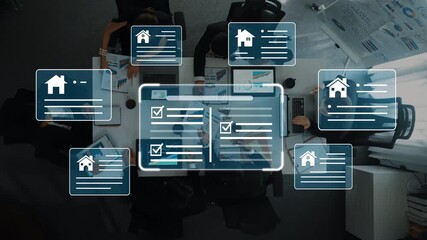 Business meeting with digital property analysis and checklists on display over a collaborative workspace with focused professionals discussing data and strategies Gluon. - Powered by Adobe