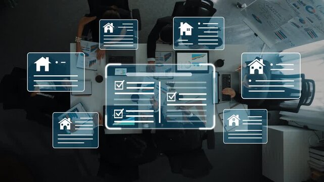 Business meeting with digital property analysis and checklists on display over a collaborative workspace with focused professionals discussing data and strategies Gluon.