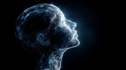 Digital profile of a human head, created from a luminous cloud, black background