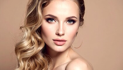 Fototapeta premium A close-up portrait of a woman with elegant waves in her hair and exquisite makeup against a soft background