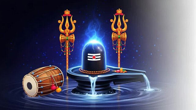 Sacred Shiva Lingam Mandir With Drums And Tridents Illuminated By Blue Light Spiritual Religious