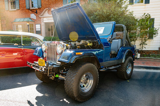 Vintage civilian Jeep CJ7 photographed during outdoor automotive exhibition in Leesburg