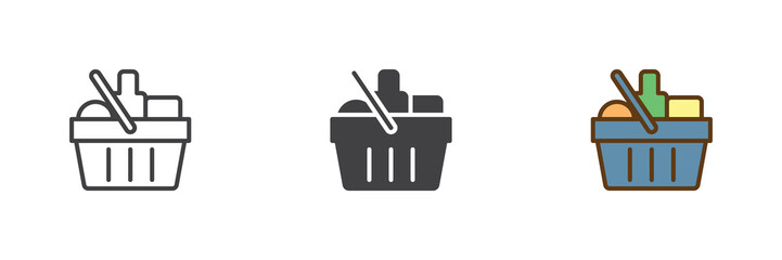 Grocery shopping basket different style icon set. Line, solid and filled outline colorful icon, vector sign and symbol. Basket icon for supermarket, retail and grocery icon design.