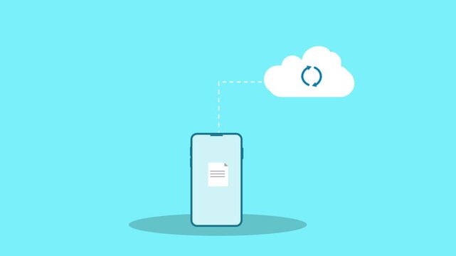 Animated cloud file transfer showing files, videos, photos, and folders syncing from cloud storage to a smartphone. Clean modern motion design for cloud services, data transfer, and technology concept