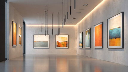 Art gallery with modern paintings and bright lighting in a spacious room