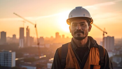 A construction worker stands confidently against a sunset backdrop, city skyline and cranes visible