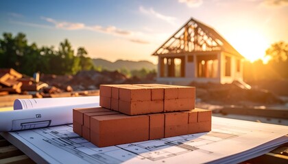 A stack of bricks on blueprints near a construction site with a house frame at sunset