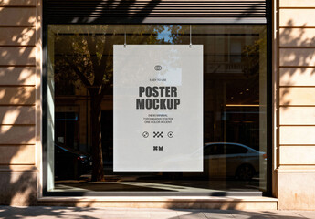 Hanging Poster in Store Window Mockup