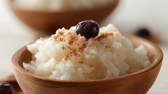 A close-up shot of a small wooden bowl filled with creamy rice pudding topped with cinnamon and a fruit