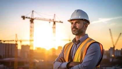 A construction professional stands confidently with arms crossed against a sunset backdrop
