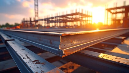 Close-up of steel beams with rust, set against a vibrant sunset at a construction site