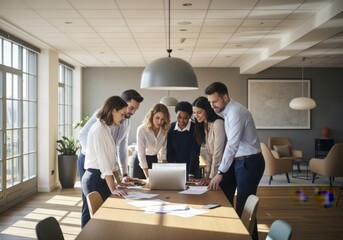 A group of diverse professionals collaborating around a laptop in a modern office setting