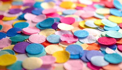 A vibrant collection of colorful, round confetti pieces scattered across a flat surface