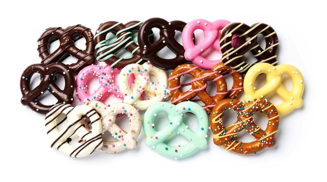 Colorful chocolate covered pretzels on white background,The twisted pretzels are coated in various vibrant chocolate colors including rich dark brown, creamy white, bright pink, mint green, and sunny 