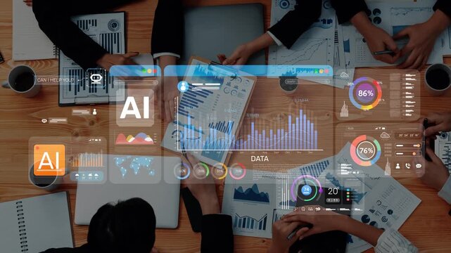 A dynamic business meeting with professionals analyzing data through interactive digital interfaces. Various charts and graphs illustrate performance metrics and insights. Raster