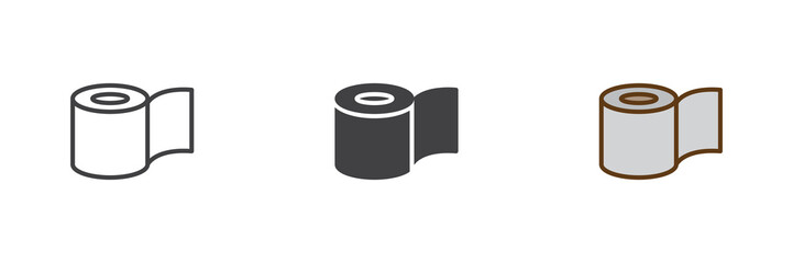 Toilet paper roll hygiene product different style icon set. Line, solid and filled outline colorful icon, vector sign and symbol. Toilet paper icon for grocery, household and bathroom icon.