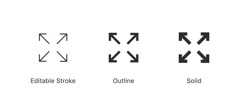 Expand and fullscreen arrow icons showing arrows pointing outward in editable stroke, outline, and solid styles for resize, zoom, and UI controls.