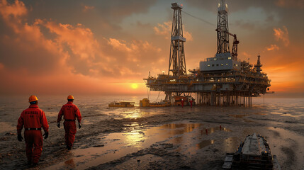 Offshore oil rig at sunset with workers in safety gear on muddy terrain, theme of energy and industry