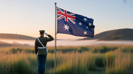 Solemn australian soldier in uniform saluting the national flag at sunrise with misty hills and golden light evoking patriotism remembrance and national pride in a serene