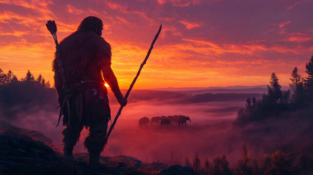 Ancient hunter with spear watching mammoths at sunset in foggy forest landscape