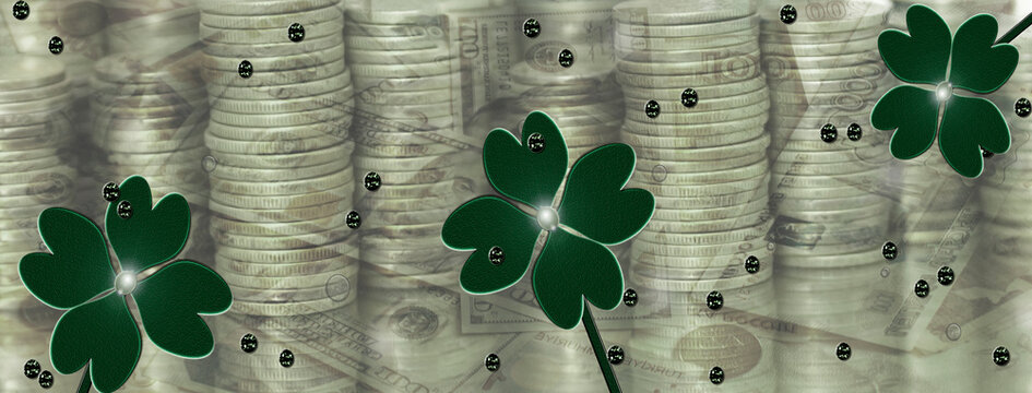 illustration with clover leaves on a background of gold coins