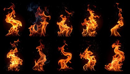 A collection of visually dynamic fire shapes with varying intensity and movement on a dark background