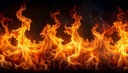 Vibrant flames surge and dance against a dark backdrop, creating a dynamic and captivating display